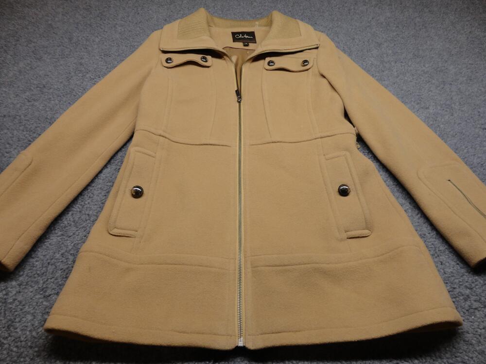 Cole Haan Coat Womens 4 Beige Wool Blend Full Zip Mid Length Pockets Lined Warm